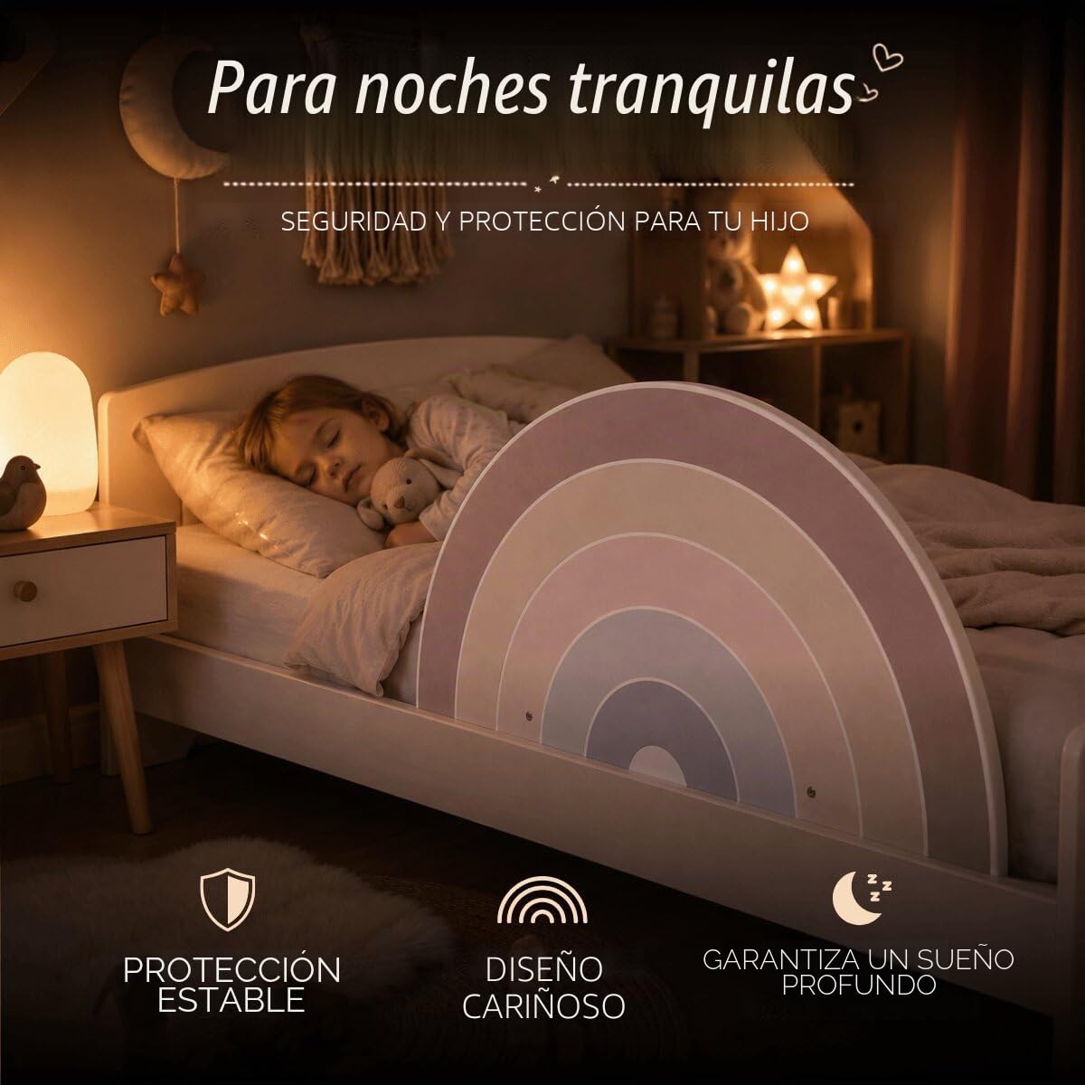 Barrera anticaídas de madera en bonito diseño para niños, barandilla anticaídas Remy para habitación de los niños, barandilla de protección para cama infantil, cama de hasta 200 cm, bonita