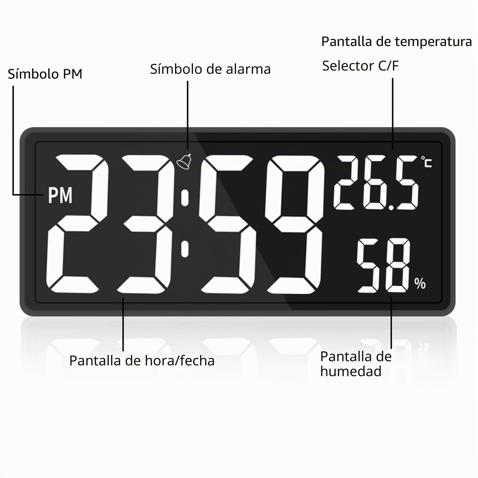 Milageto Reloj de Pared Digital Grande con Temperatura Interior y Humedad, Reloj electrónico de Gran número para de Noche, Blanco