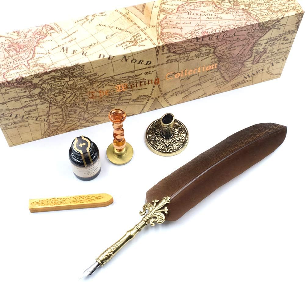GC QUILL MU-03 Quill Pen Set Unique Half-Patterned Feather Pen Gift Set with 6 Nibs 1 Calligraphy Ink 1 Wax Seal Stamp 1 Pen Holder 1 Sealing Wax, Gift for Writers Kids Students