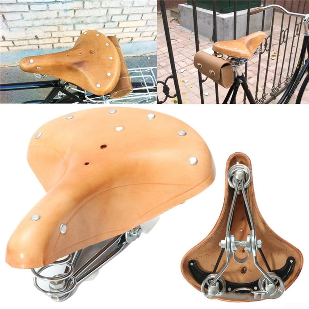 Vintage Leder Fahrradsattel mit Dreifachfeder-Stoßdämpfung, ergonomisches Rindsleder-Fahrradsitzkissen für Rennradfahren, Retro-Braun, 26 x 21,5 cm