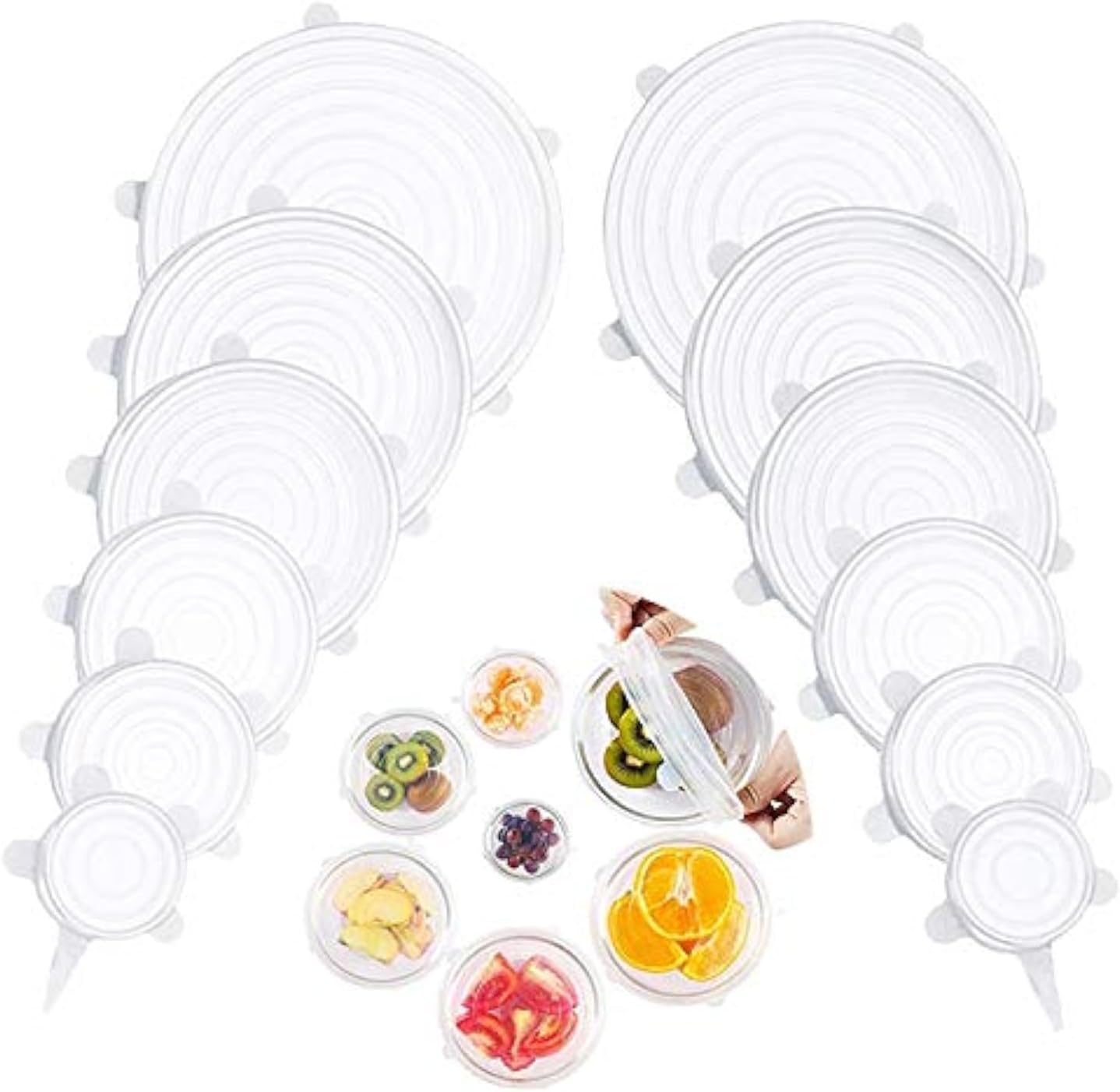 Silicone Stretch Lids, Silicone Food Covers 12 Pack, BPA 6 Different Sizes Silicone lids Fit Various Shape of Containers, Dishes, Bowls,Jars, Safe in Dishwasher/Microwave/Freezer.