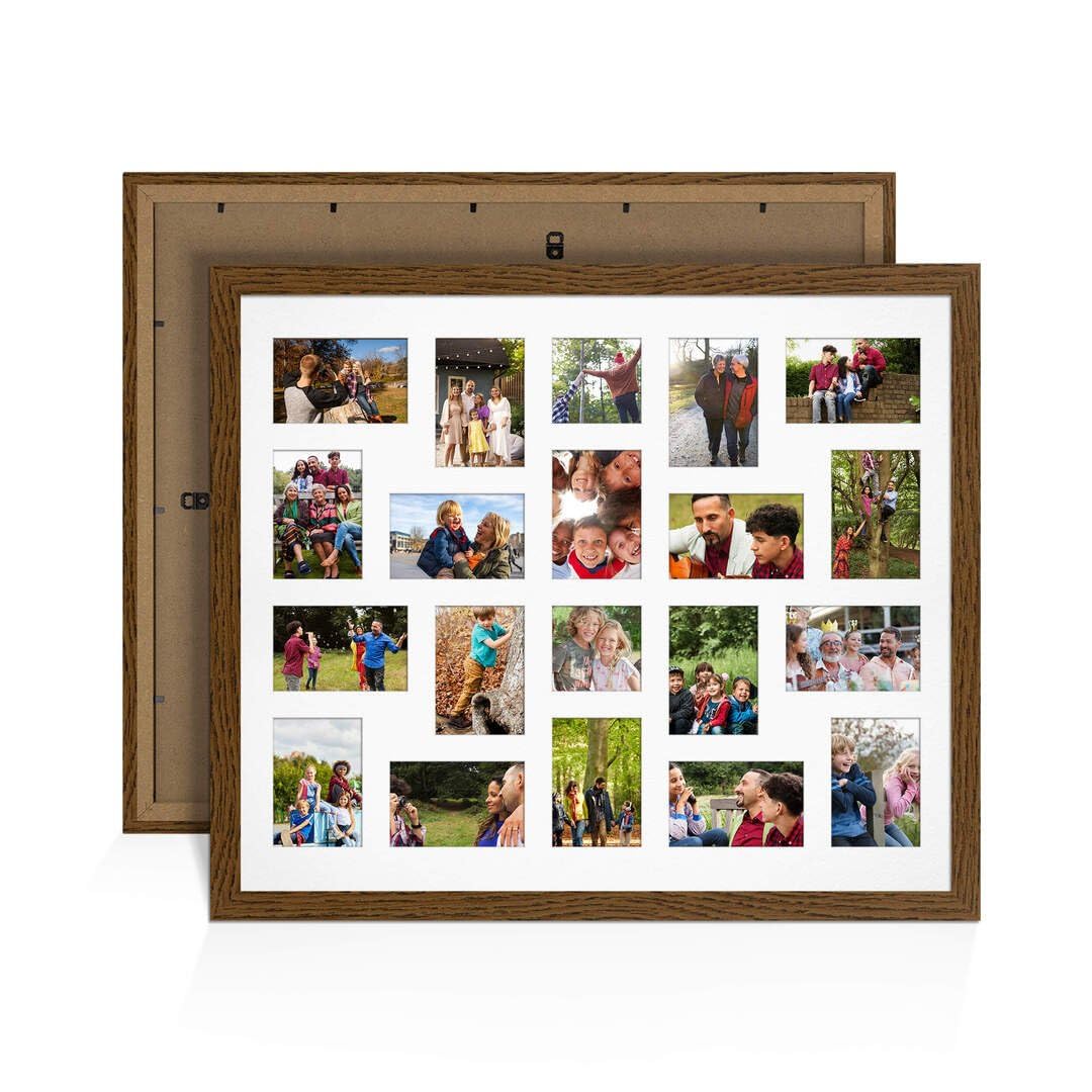 Procut Global 80X70CM Dark Oak Photo Frames For Multiple Pictures with White Mount-Modern Collage Frame with 20 Apertures (18x) 6x4, (2x) 4x4-Engineered Wood with Shatterproof Perspex