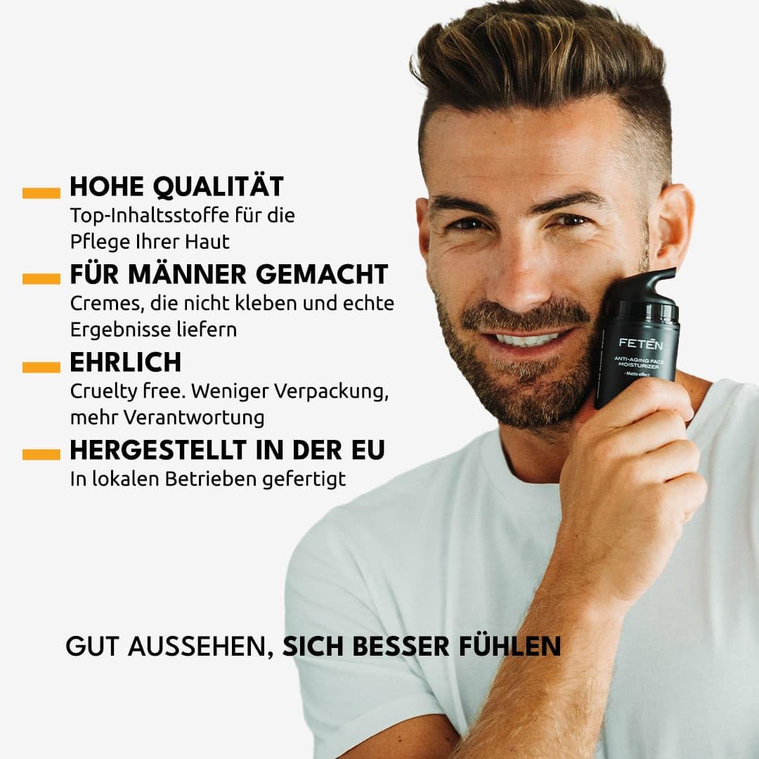 FETEN Gesichtscreme Männer – Feuchtigkeitsspendende Anti-Falten Creme mit Hyaluronsäure – Anti-Aging & Mattierende Gesichtspflege – Tages- & Nachtcreme Männer – Hautpflege gegen Akne 50ml (2er Pack)