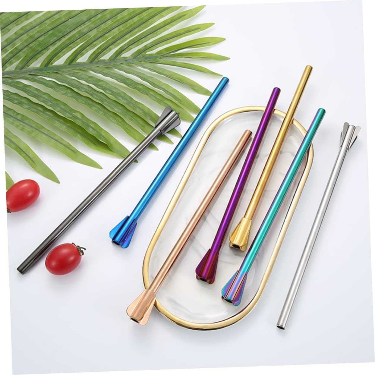 Hemobllo 7pcs Reusable Stainless Steel Straws with Stirrer Spoon for Cocktails and Beverages Food Grade Mixers in Silver Gold Rose Gold Purple Blue