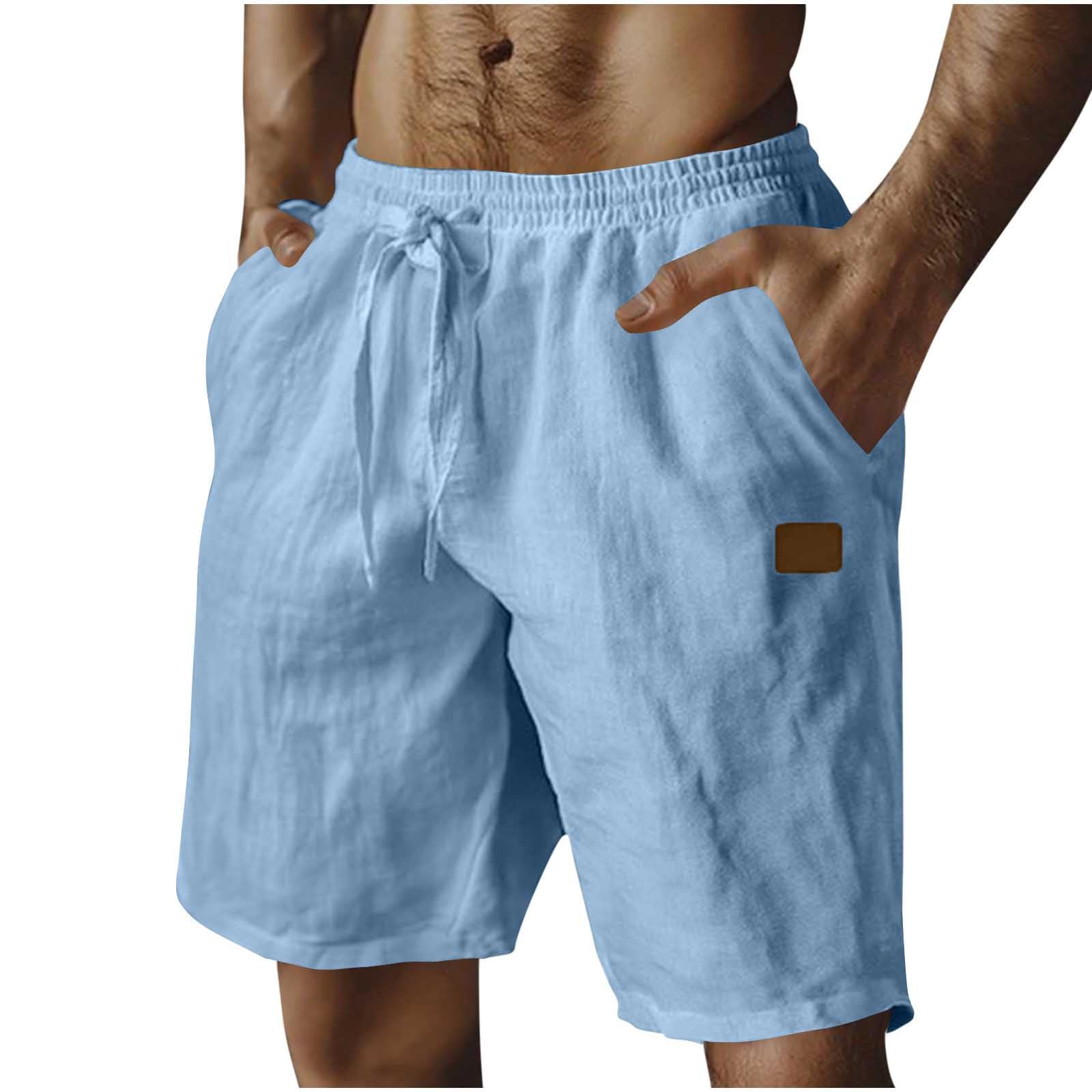 Guhmomh Kurze Hosen Herren Sommer Leinenhose Kurz Baumwolle Leinen Shorts Sporthose Freizeithose Baggy Sommerhose Leicht Bermuda Jogginghose Atmungsaktiv Strand Casual Laufhose Wanderhose Hellblau L