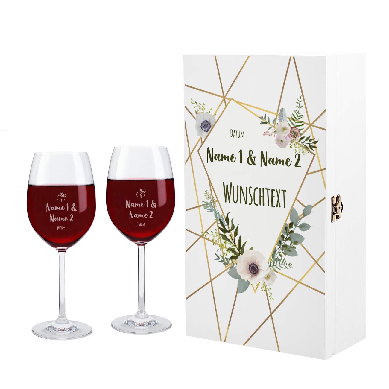 Herz & Heim® 2 Leonardo Weingläser mit Gravur wunderschönes Geschenk zur Hochzeit mit weißer Premium Verpackung Blumen