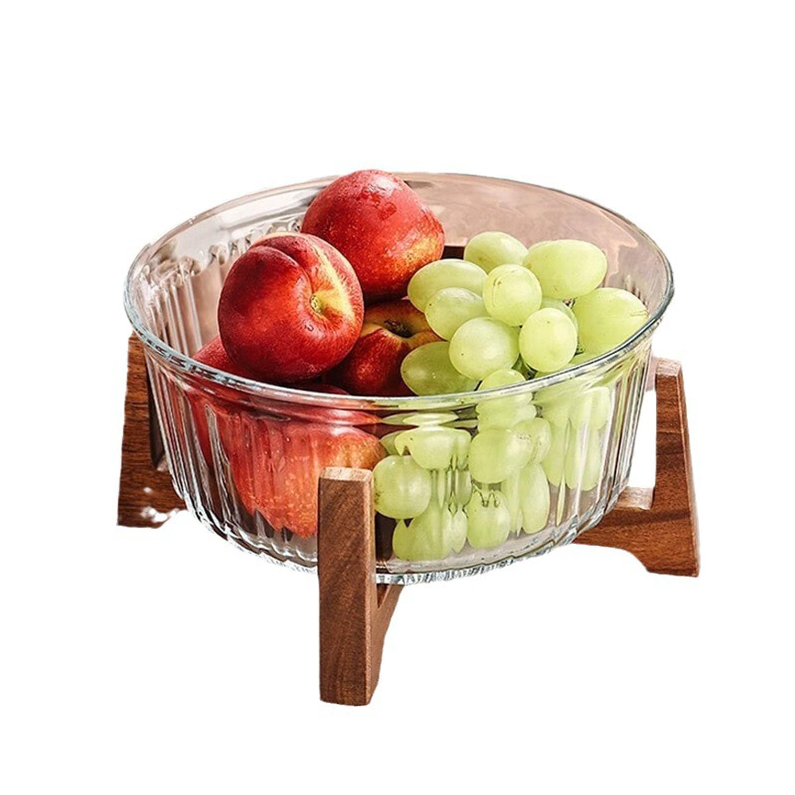 Bol de Cristal con Tapa y Soporte de Madera - 22 cm de diámetro, Cristal Transparente Acanalado para Frutas, ensaladas y decoración Moderna de Cocina