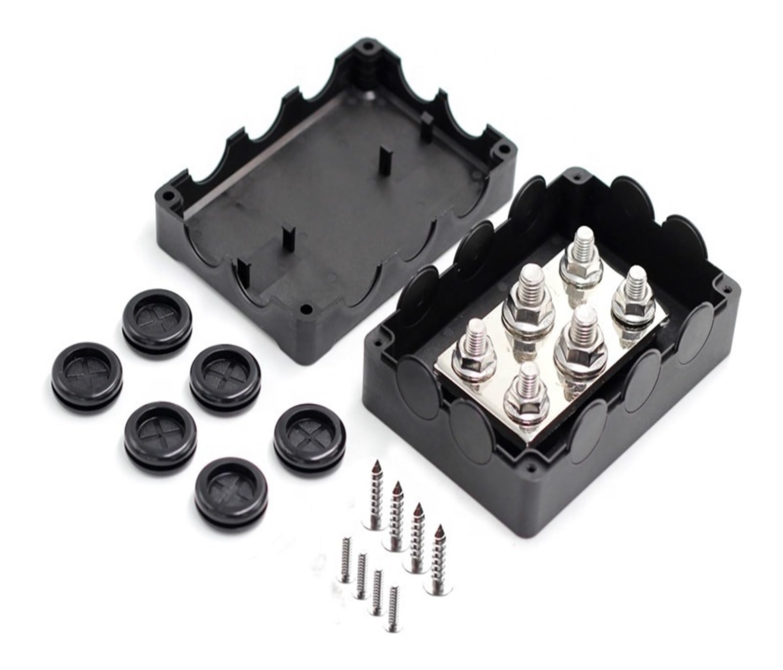 Bloque de distribución de energía de 4 Pernos M8, 2 Pernos M10, Barra colectora de Cobre de 500A, Placa de latón Puro de 6MM con Cubierta Impermeable Negra(Black)