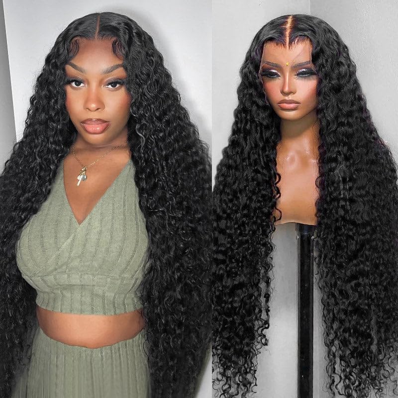 32Inch Deep Wave Lace Front Wigs Human Hair-13x4 HD Transparent Deep Wave Frontal Wigs Human Hair Glueless Curly Wigs for Women 200% Density Curly