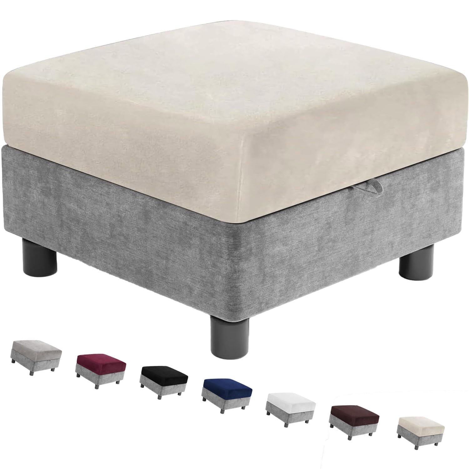 Square Velvet Ottoman Slipcover,Stretch Elastic Washable Foot Stool Cover