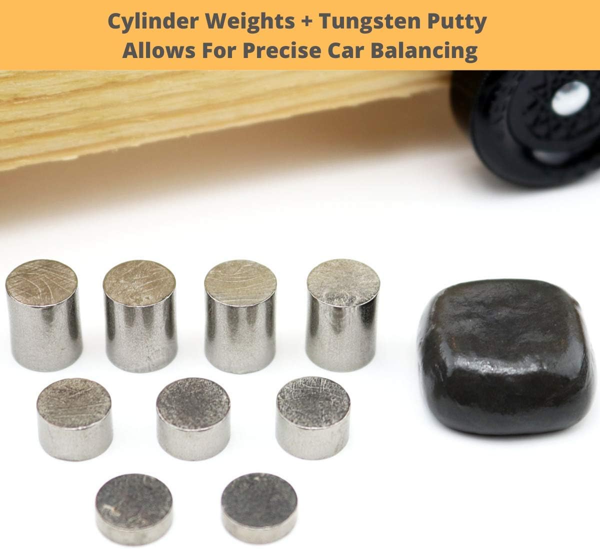 Weights for Pinewood Car Derby - Tungsten 4 oz Power Bundle - 3 oz Premium Tungsten Incremental Cylinder Weights + 1 oz Putty Weight - Designed for Pine Race Car Builders - Ultra High Density