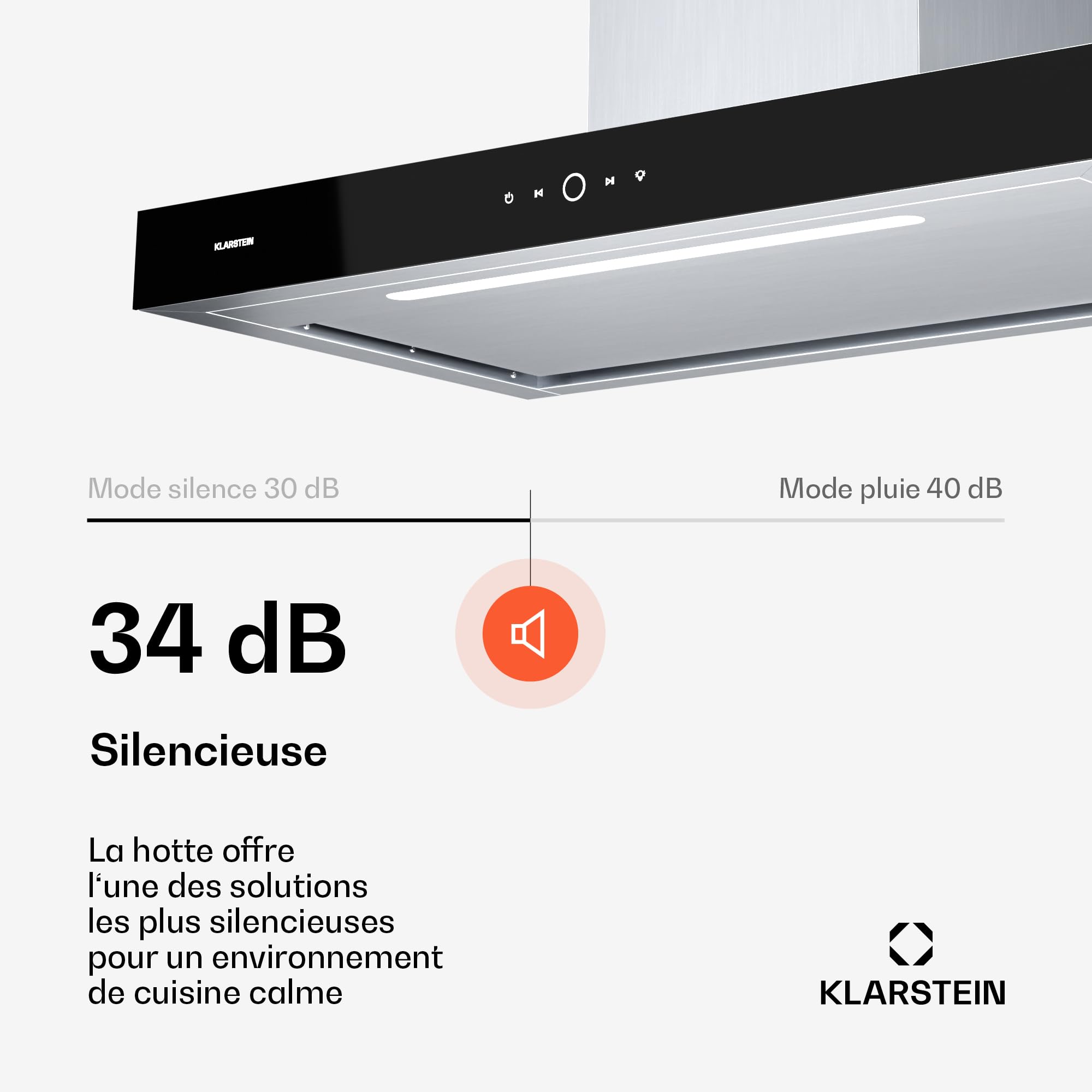Klarstein SmartEdge Hotte Aspirante - 90 cm, Wi-Fi, 550 m³/h, CEE A+, LED, Silencieuse 34 dB, Tactile, Hotte Cuisine, Inox
