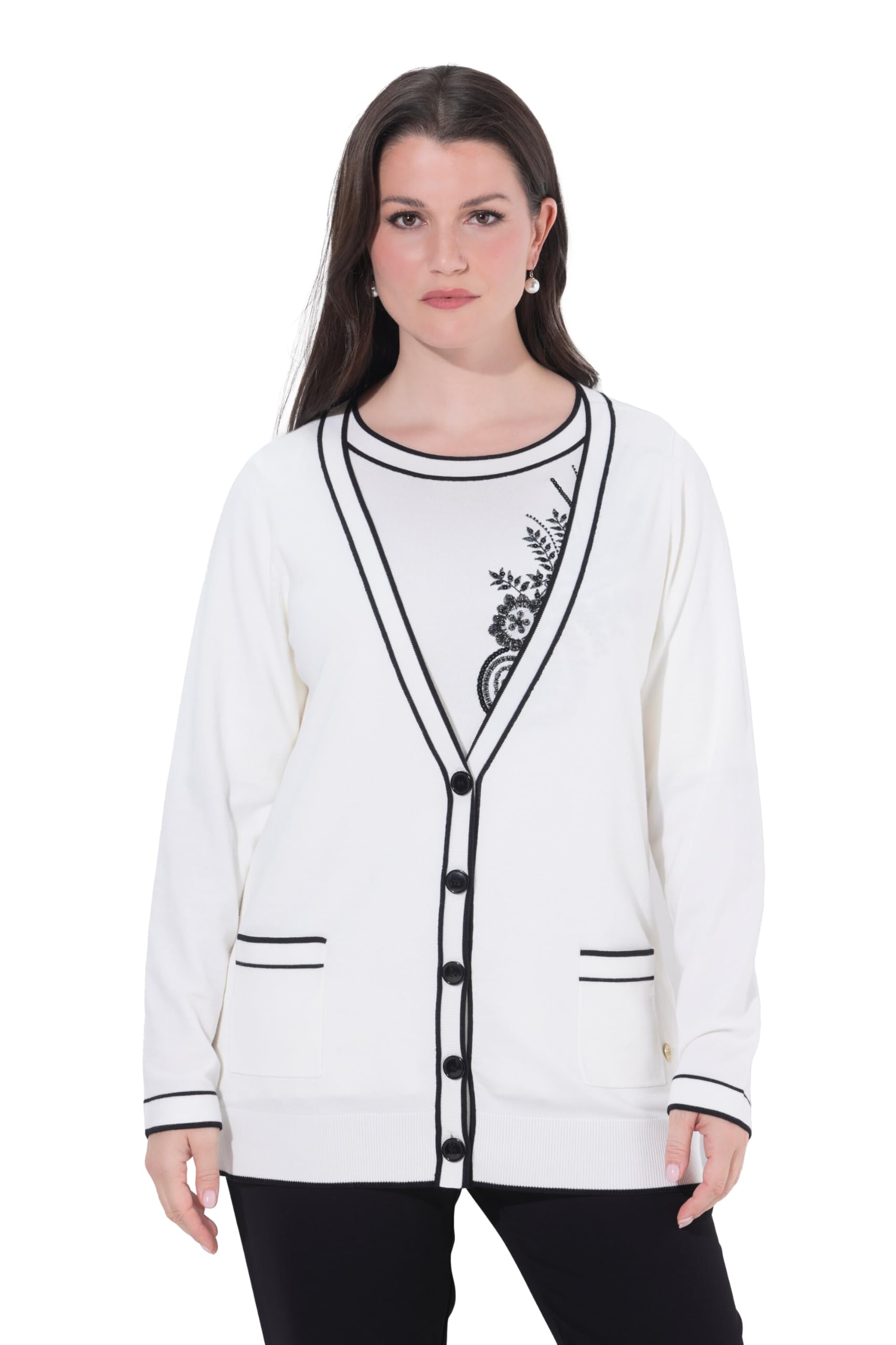 Ulla Popken Damen große Größen Übergrößen Plus Size Twinset-Strickjacke, Streifen, V-Ausschnitt, Langarm 847959