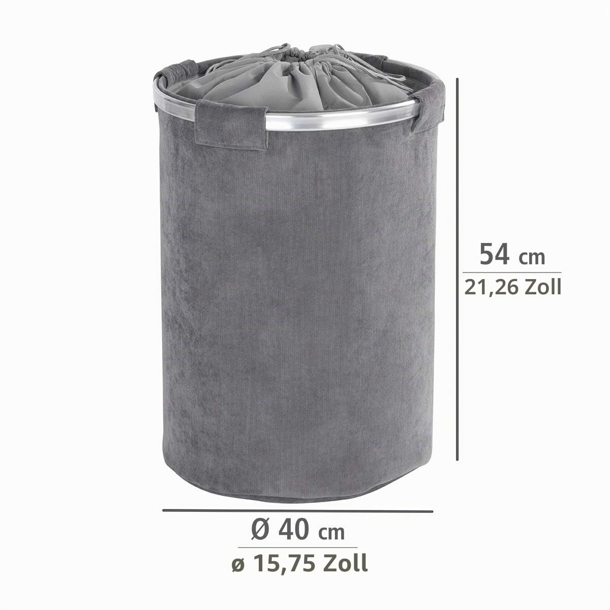 WENKO Wäschesammler Cordoba Grau, Trendiger Wäschekorb mit Deckel und Silbernem Aluminium-Rahmen zur Erleichterung beim Befüllen, 68 l Stauraum in einem Fach, (B/T x H): Ø 40 x 54 cm