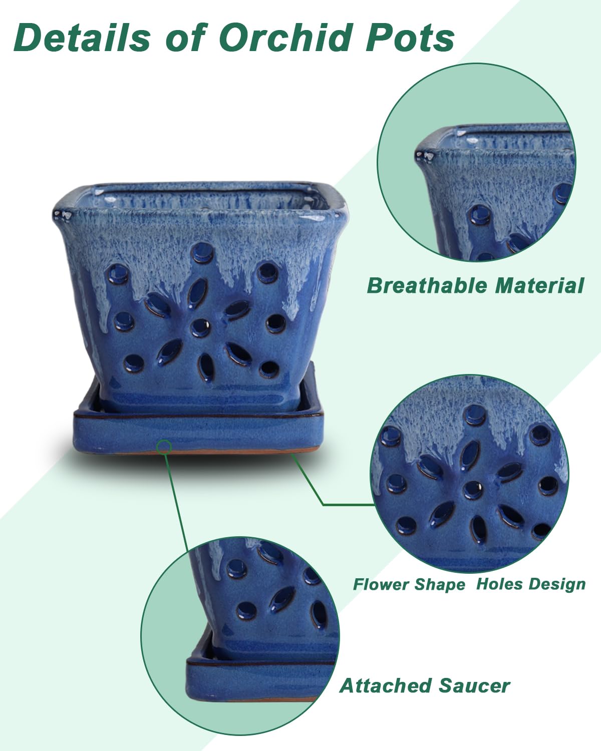 vensovo Vaso per orchidee rettangolare in ceramica, 14 cm, con fori, blu | Fioriera in ceramica per rinvasare orchidee con fori di ventilazione e drenaggio per interni ed esterni