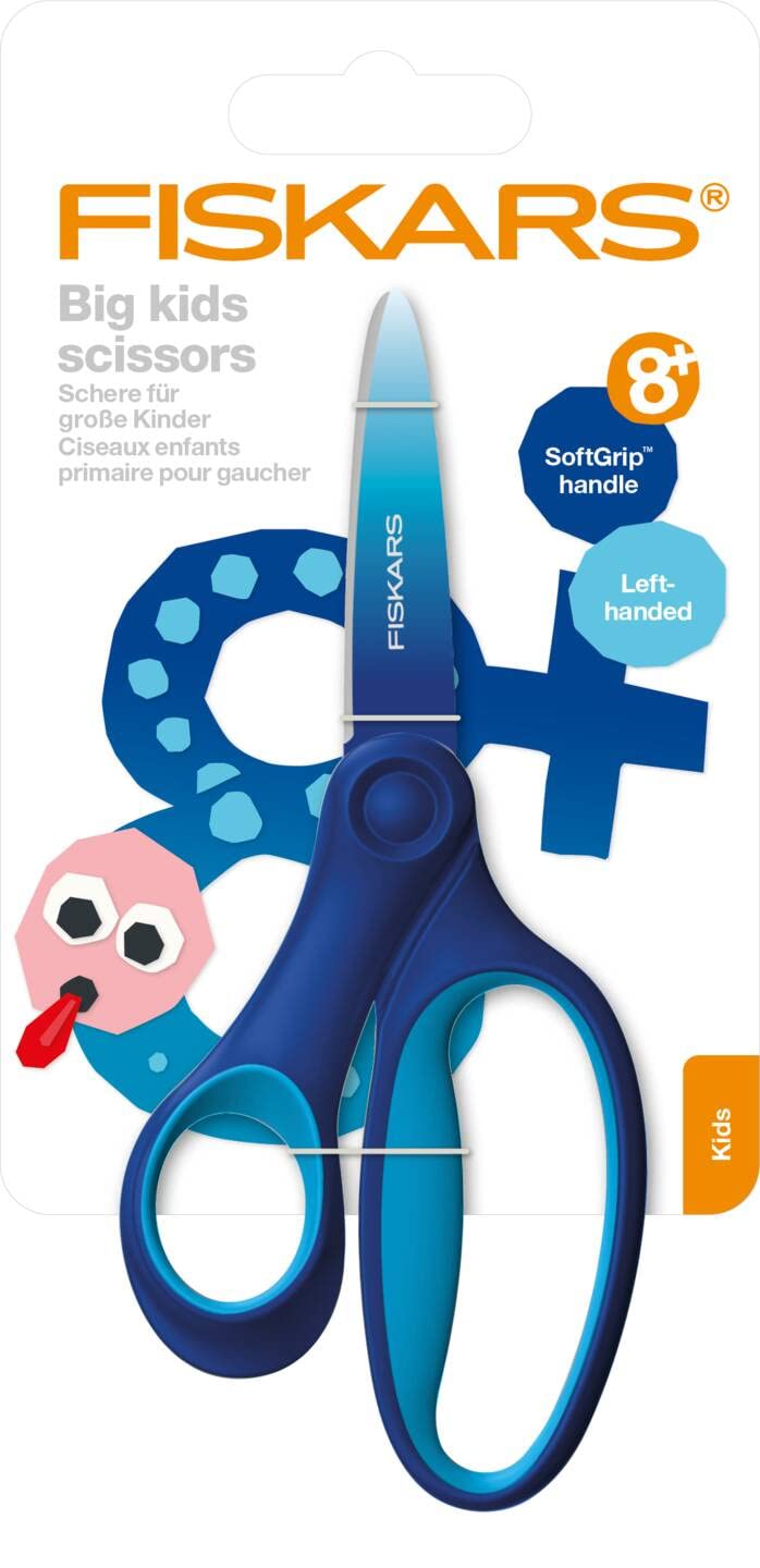 Fiskars Forbici per Bambini da 8 a 11 Anni, Per Mancini, SoftGrip, Lunghezza: 15 cm, Effetto Ombre, Blu, 1067854