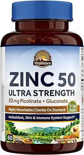 Vitalitown Zinc 50 mg, picolinato de zinc, gluconato de zinc, 60 cápsulas vegetales, sin óxido de zinc, bien absorbido, suplemento de zinc quelado,