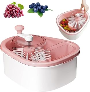 Portable Fruit Scrubber with Lid, Fruit Cleaner Spinner Washer, Fruit Washing Bowl with Strainer and Brush for Home Kitchen (Pink)