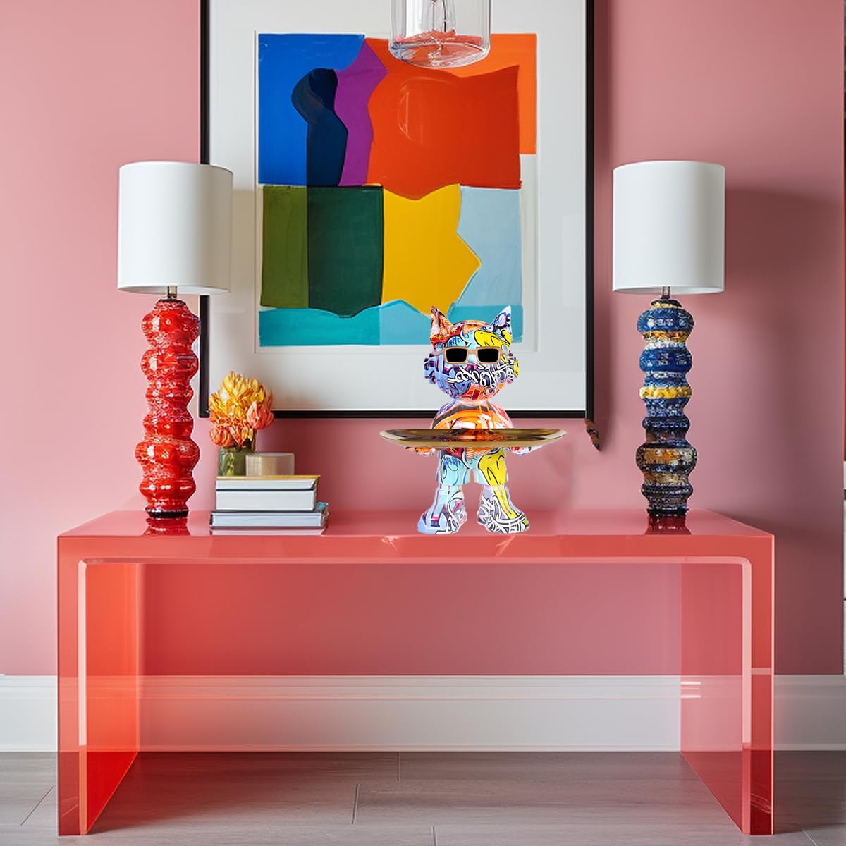 French Bulldog Statue with Candy Tray - Resin Bulldog Sculpture for Home Decoration & Entryway, Graffiti With a Tray, 28 x 22.2 x 17 cm - Image 2