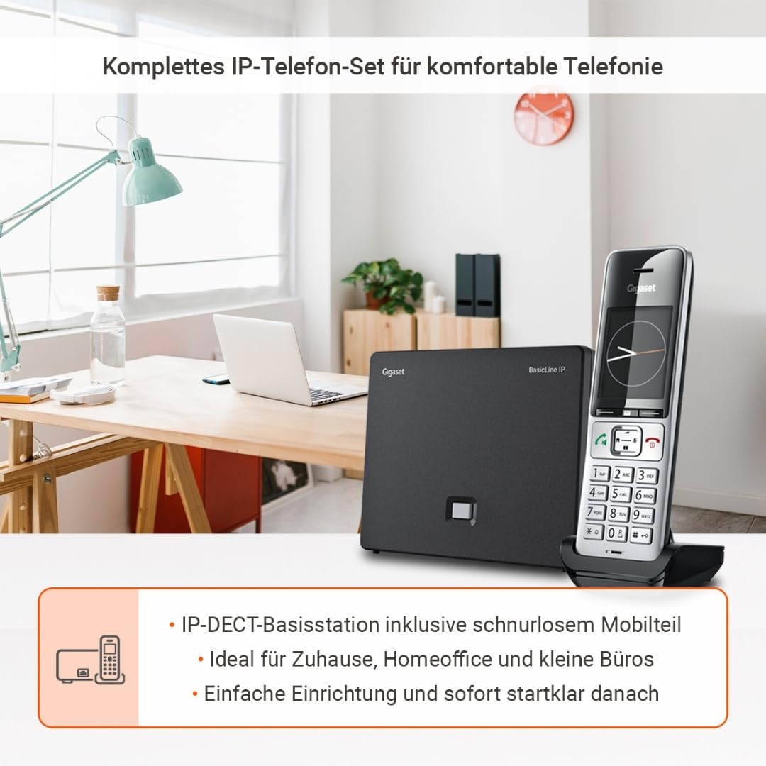 BasicLine IP + Comfort 500HX – Basisstation für Internet-Telefonie, kombiniert mit einem HX-Mobilteil, HD-Sprachqualität, Made in Germany, Silber-schwarz [Kompatibel in DE, IT, FR, NL, BE, ES, Che]