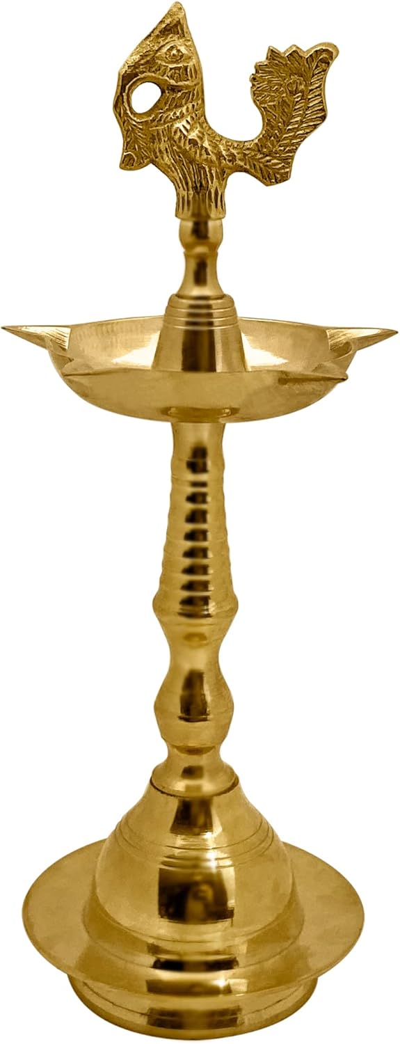 SATVIK 2 Pc Set of 8.5 Inch Standing Brass Peacock Design Kerala Samai Deepak Puja Traditional Panchmahal Pooja Deepam Diya Oil Lamp Kutthu Vilakku Dia Deepawali Indian Housewarming Return Gift Item