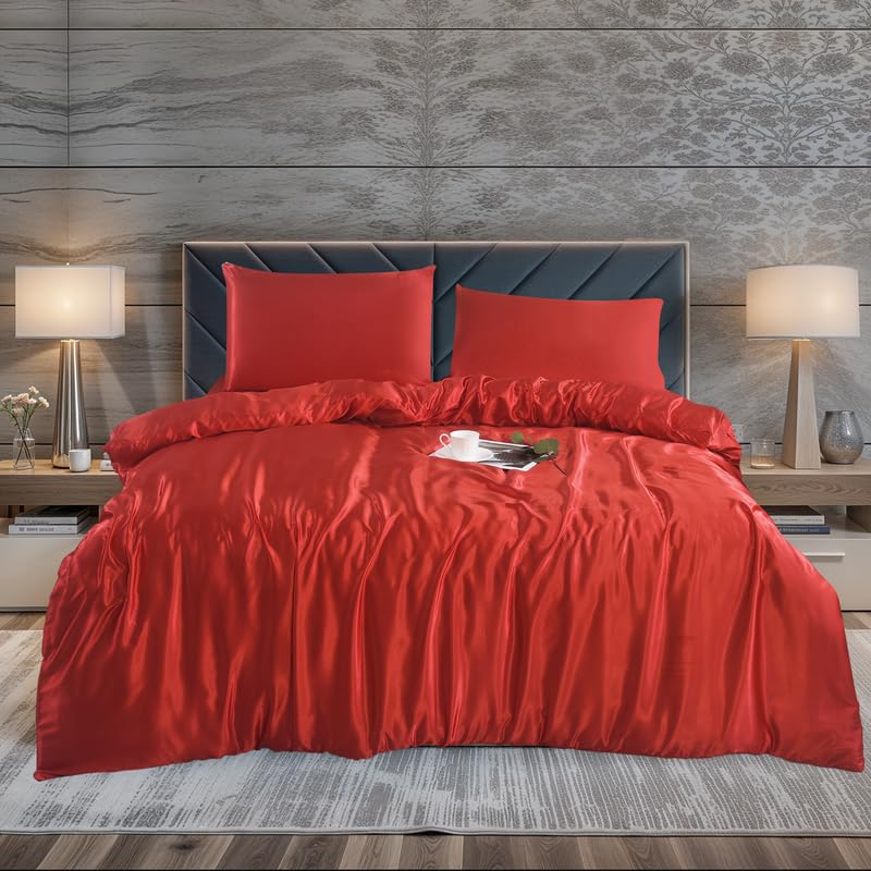 WEAVERS: Luxurious 3-Piece Silky Satin Duvet Cover Set. Reversible Zippered Duvet Cover with a Pair of Pillowcases. (Size King, Colour Red)