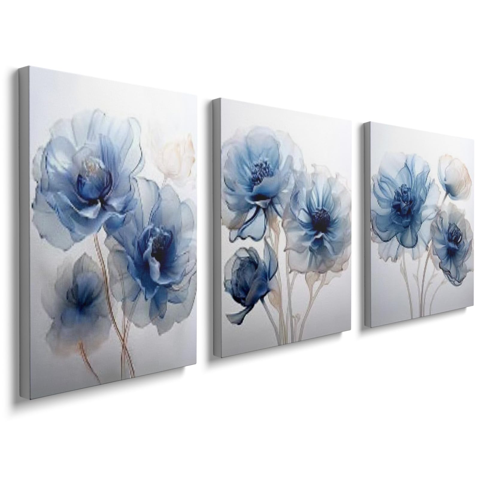 prinfantasy Blue Flower Modern Abstract Paintings - Canvas Wall Art Floral Pictures on Canvas Print 3 Panels Artwork for Living Room Bedroom Office Home Decoration 0406