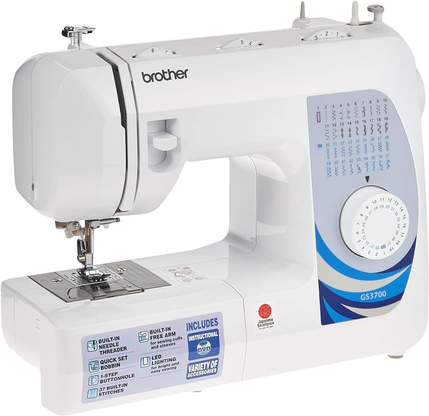Brother Sewing Machine, GS3700, 37 Stitches, LED Sewing Light, Automatic Buttonhole Sewing