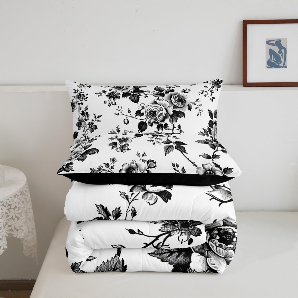 Feelyou Flower Bedding Set Twin Size Botanical Floral Printed Comforter Set for Kids Boys Girls Blossom Flowers Pattern Comforter Natural Theme Duvet Set Black White