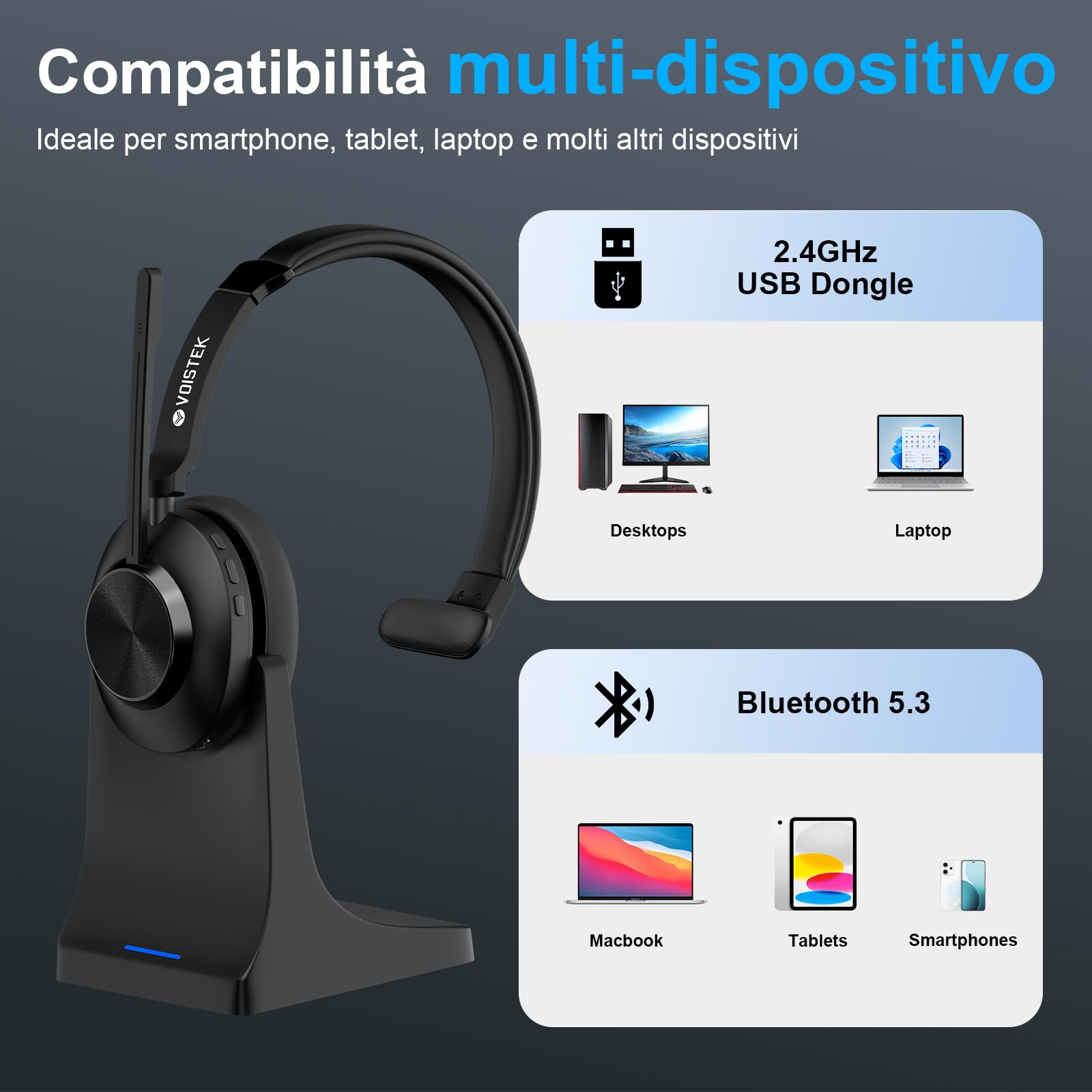 Voistek Cuffie Bluetooth Wireless con Microfono e Cancellazione del Rumore, Dongle USB per PC, Pulsante Muto, Ideali per Ufficio, Meeting, Zoom, Call Center, Homeoffice, Computer, Nero