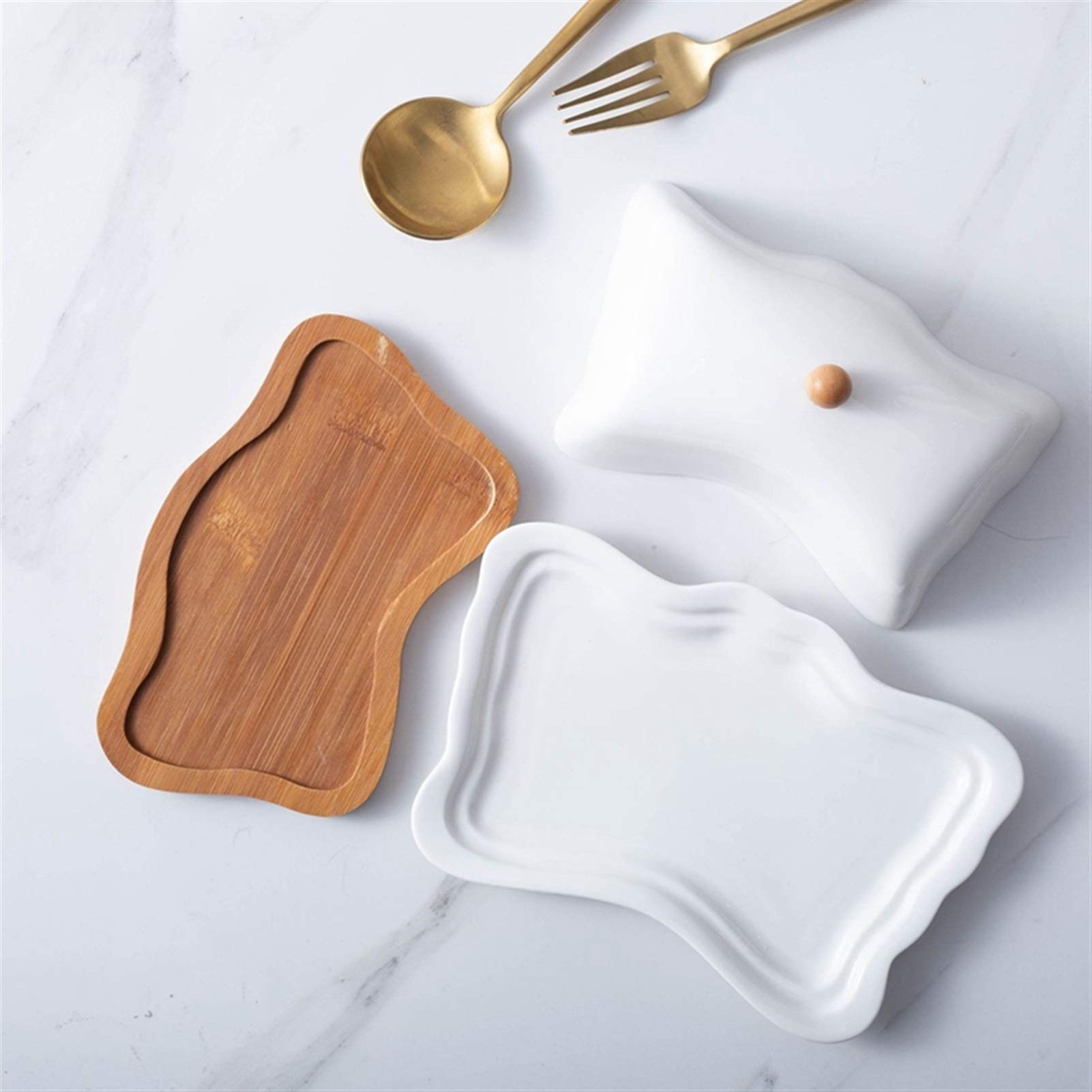 Butterteller für Arbeitsplatte Keramik Buttergericht mit Deckel - Holzboden Butter Keeper Küche Margarine Halter Käse Aufbewahrungstablett Butter Behälter (weiß) Butterbehälter, Butterspeicherung