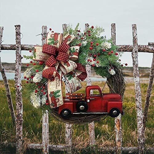Christmas Wreath for Front Door/Red Truck Christmas Wreath Garland/Wreath Fall Farmhouse/Wreath for Indoor Outdoor Home Door/Christmas Vintage Plaid Bow-Knot Wreath/Christmas Trees Ornaments