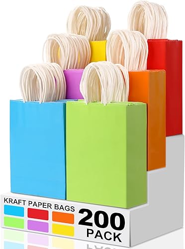 XPCARE 200 piezas de bolsas de regalo de papel, 16 cm x 8 cm x 22 cm bolsas de papel kraft para fiestas a granel, bolsas de regalo arcoíris pequeñas