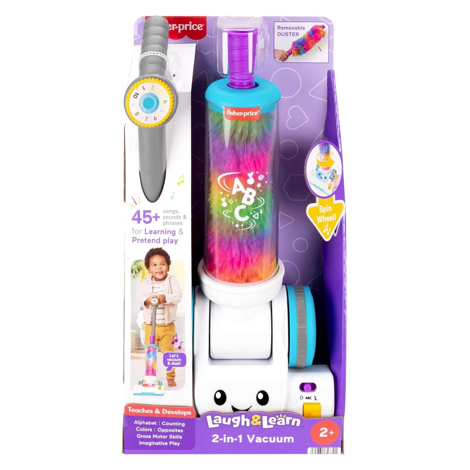 Fisher-Price Odkurzacz i miotełka 2 w 1, zestaw zabawkowy z 45 piosenkami, światłami i dźwiękami, wprowadzającymi alfabet i cyfry, wersja włoska +ES+in+PT, 2 lata, JMM34