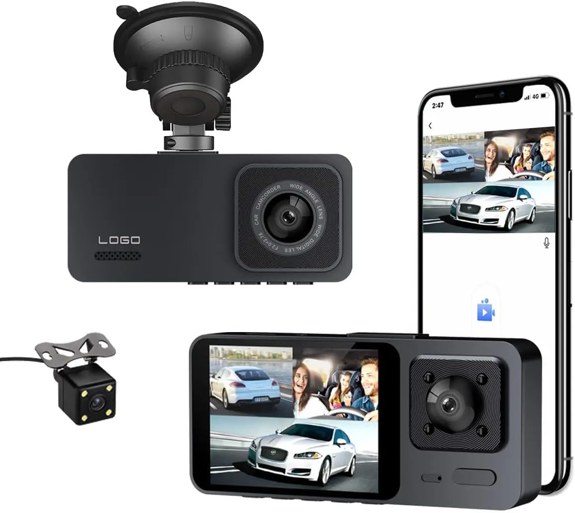 Dash Cam Front and Rear Inside 3 Channel Dash Camera for Car Security Video Recorder with Phone App, Built-in WiFi Dashcam with HD Screen Loop Recording, HDR, G-Sensor Dash Cam Front and Rear Inside 3 Channel Dash Camera for Car Security Video Recorder with Phone App, Built-in WiFi Dashcam with HD Screen Loop Recording, HDR, G-Sensor