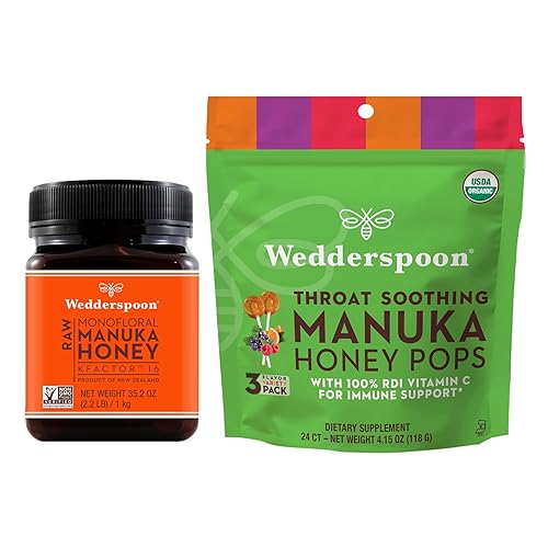 Paquete  Wedderspoon Premium Miel de Manuka KFactor 16 (35.2 onzas) y paletas de miel de Manuka (24 unidades)