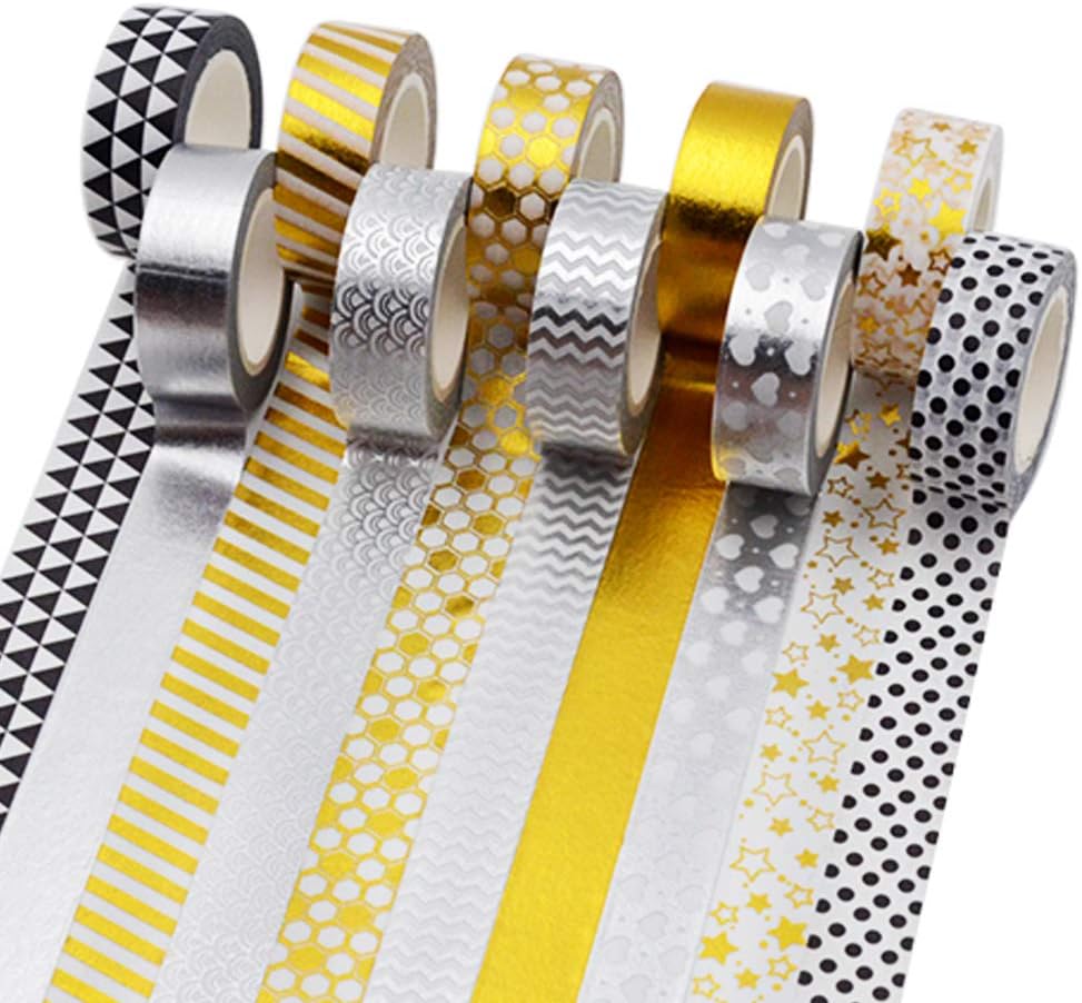 Washi Tape Metallic Gold and Silver Black Color 10 Pcs Value Pack Bulk, Japanese Decorative Masking Tape for DIY Art Project Gift Wrap Scrapbooking Crafts, 32-ft Each Roll, Total 320-ft, by BllalaLab