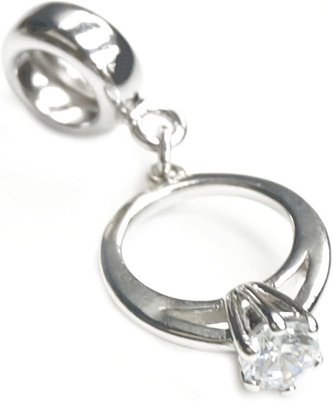 Sterling Silver Engagement Wedding Ring Clear Cubic Zirconia Dangle Bead For European Charm Bracelets