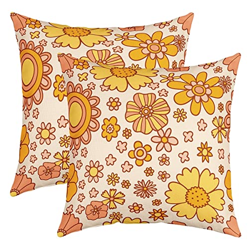 Kids Retro Hippie Flower Throw Pillow Cover Set of 2 24"x24" 60S 70S Groovy Decorative Throw Pillowcase Vintage Boho Plant Floral Pillow Case Cushion Cover Orange Botanical Blossom Cushion Case
