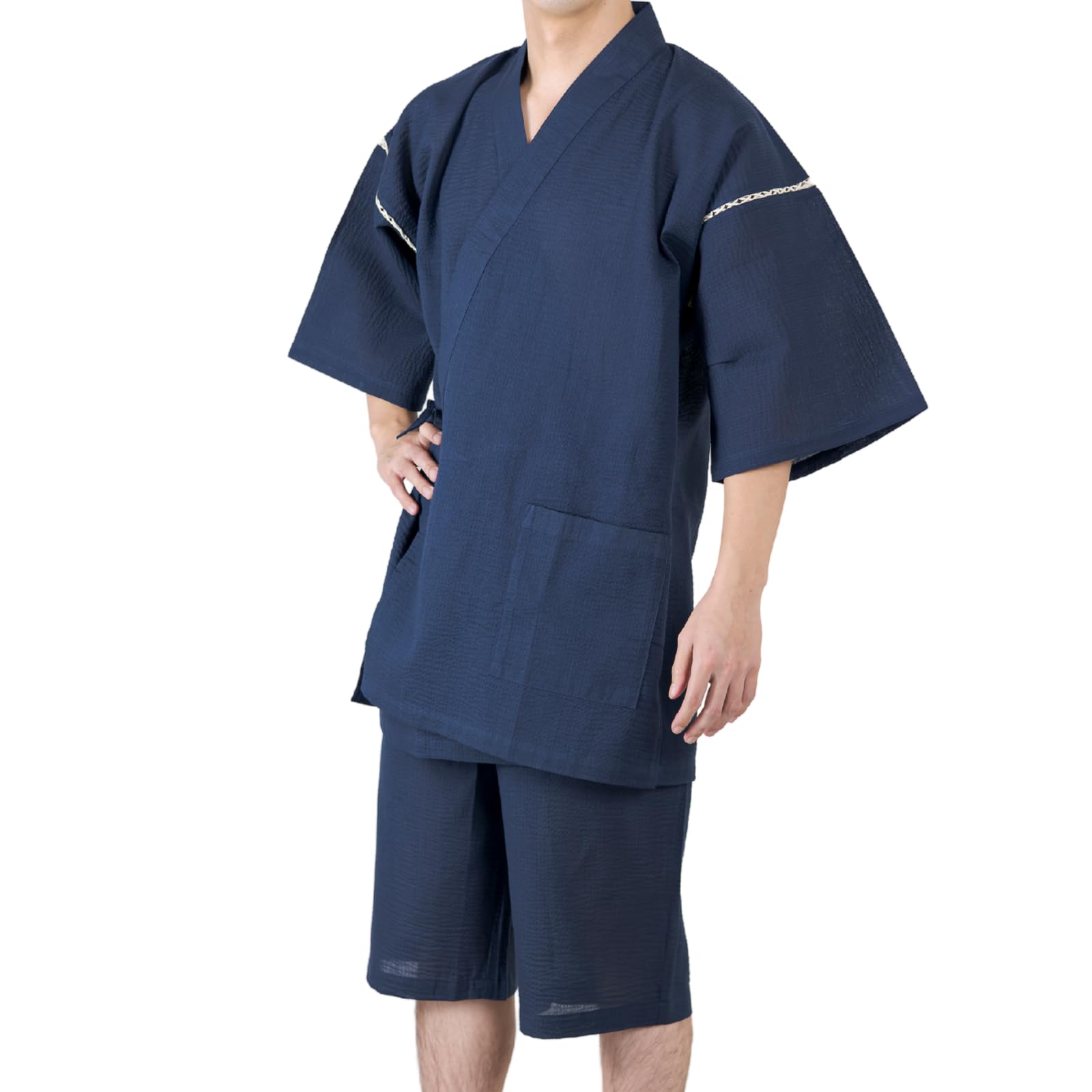 Kimono Living Men's Jinbei Shijira Weave (Japanese Cloth) 100% Cotton M/L/LL Men's Gift, navy, M : Clothing, Shoes & Jewelry