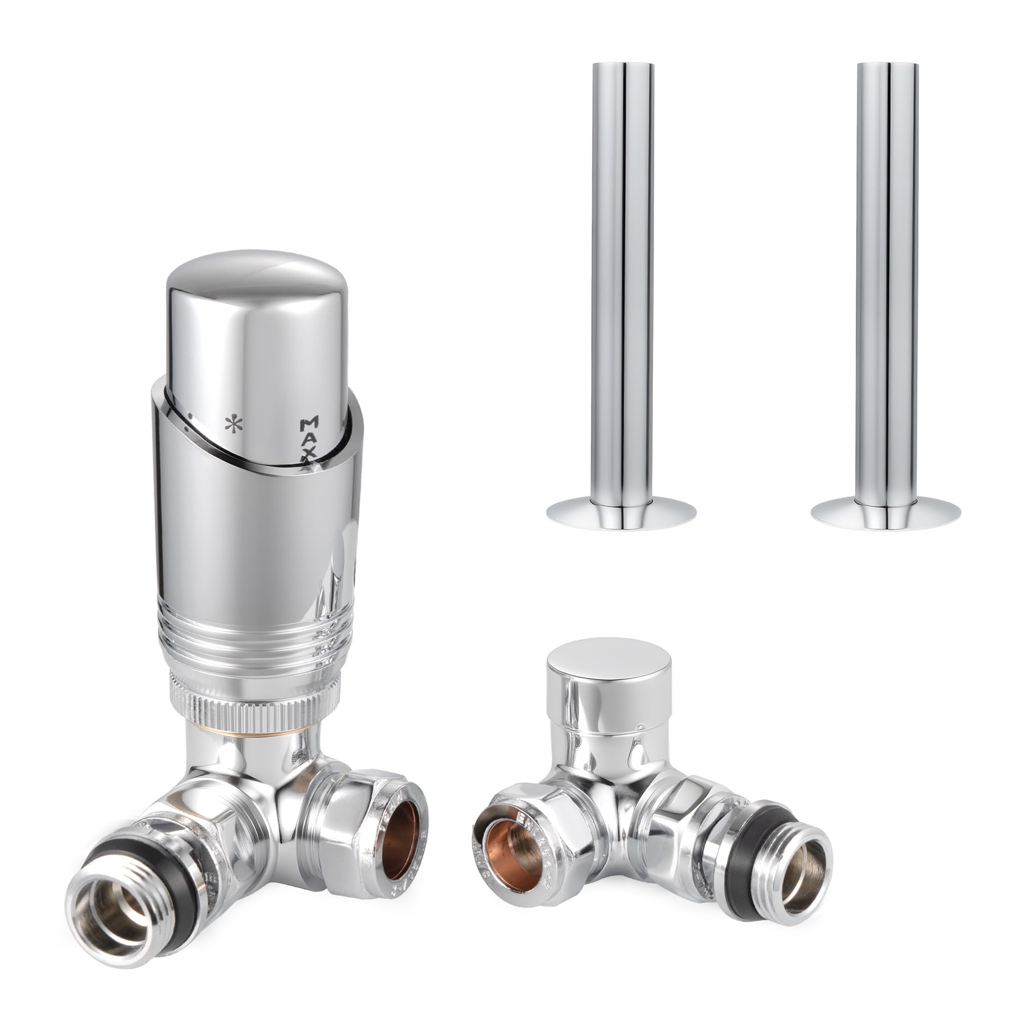 VANCOCO Chrome Thermostatic Radiator Valve 1/2"ร15mm Corner with Lockshield + 130mmร18mm Radiator Pipe Covers, Thermostat TRV Set, H62 Brass, Energy Saving