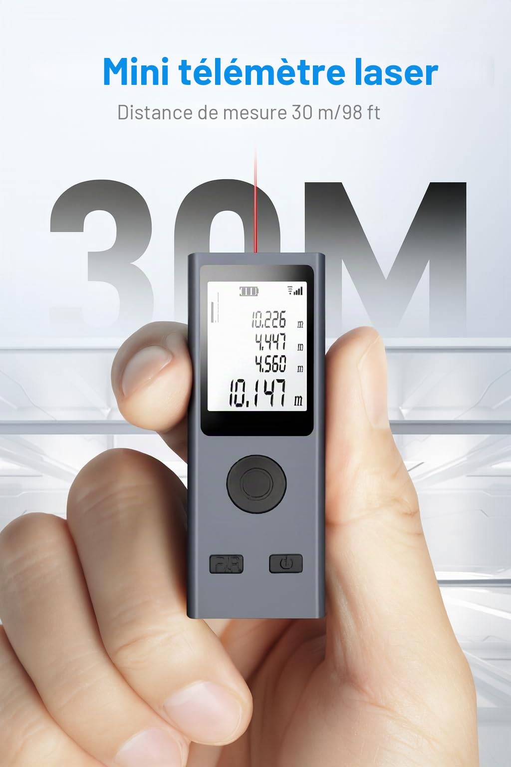 Télémètre laser de mesure de distance | Portée de 29,9 m | Télémètre numérique rechargeable par USB | Précision ± 0,078 mm, ruban laser portable rétroéclairé HD | Appareil de mesure intelligent