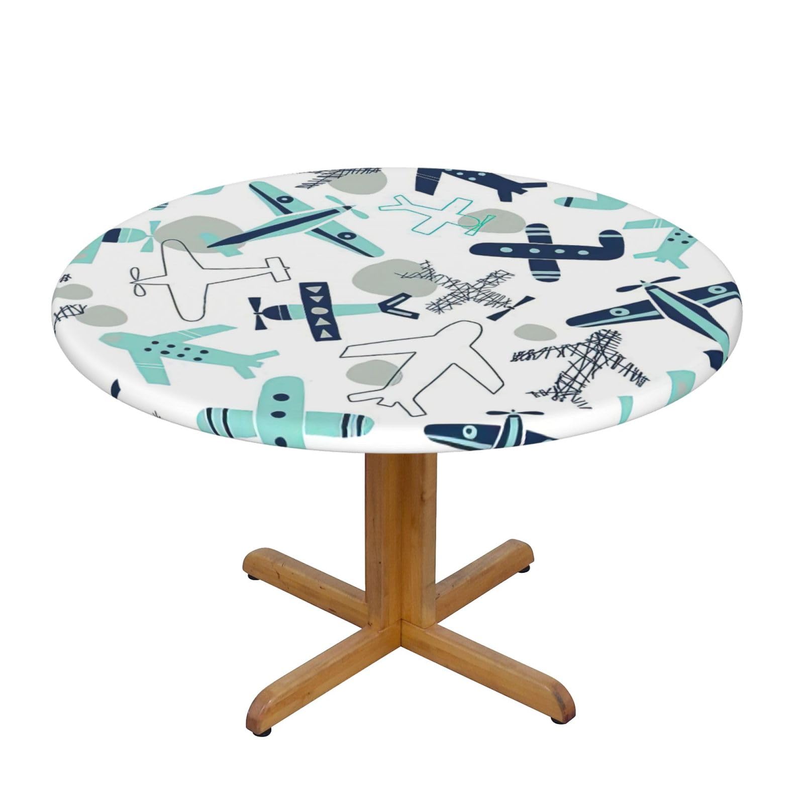 DUWAA Airplane Print Oxford Fitted Table Cover For Patio Picnic, Waterproof Round Tablecloth For Home And Outdoor