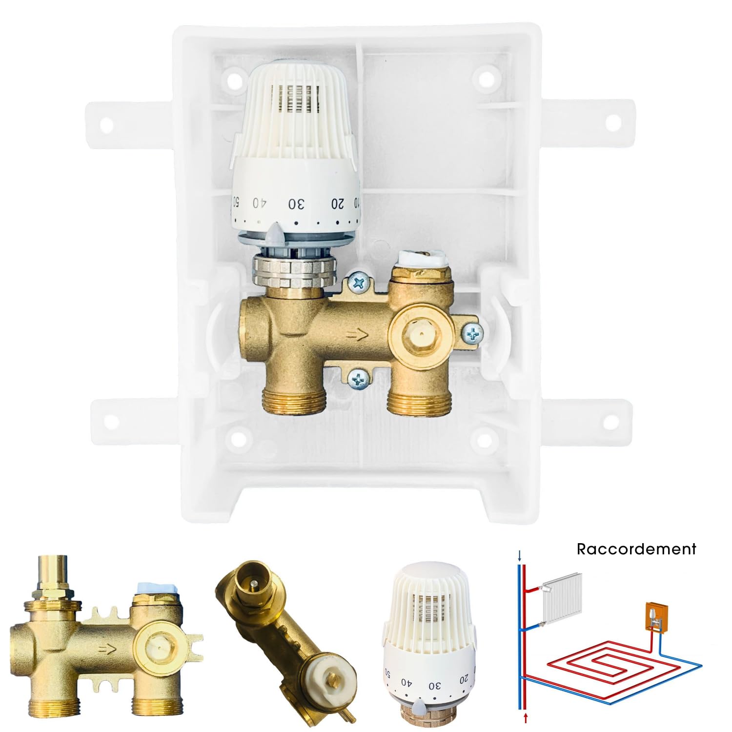 Vanne RTL 3/4" - Système de Chauffage au Sol - Tête Thermostatique Angulaire - en Laiton - H1070 - Blanc