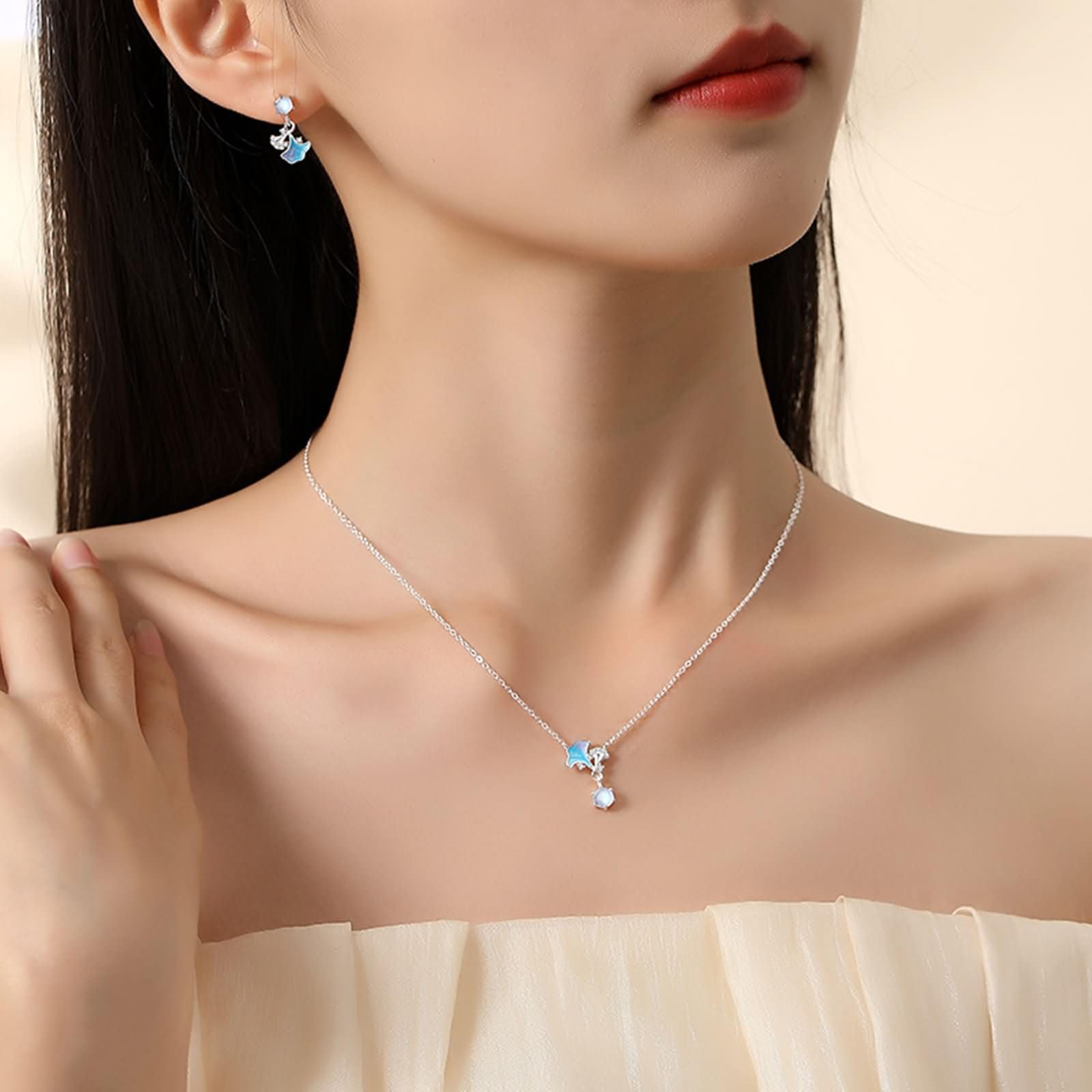 Donna Ciondoli Collana Oro Bianco 9K / 14K / 18K 750, Smalto Ginkgo con Pietra di Luna e Moissanite, Collane da Donna in Argento