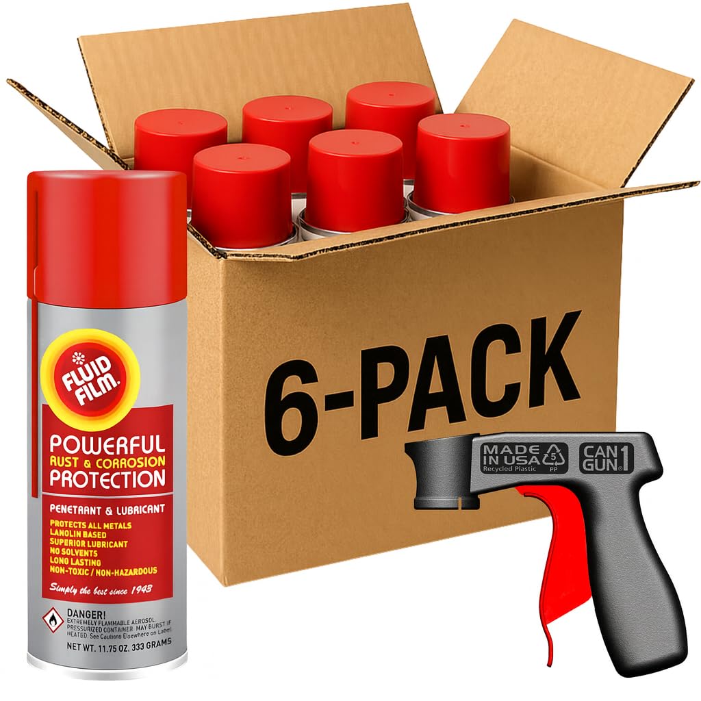 Fluid Film Spray (Pack of 6) Bundled with Can-Gun1 Trigger Handle | Converts Cans to Spray Guns, Reusable, Universal Fit - Rust & Corrosion Prevention Kit