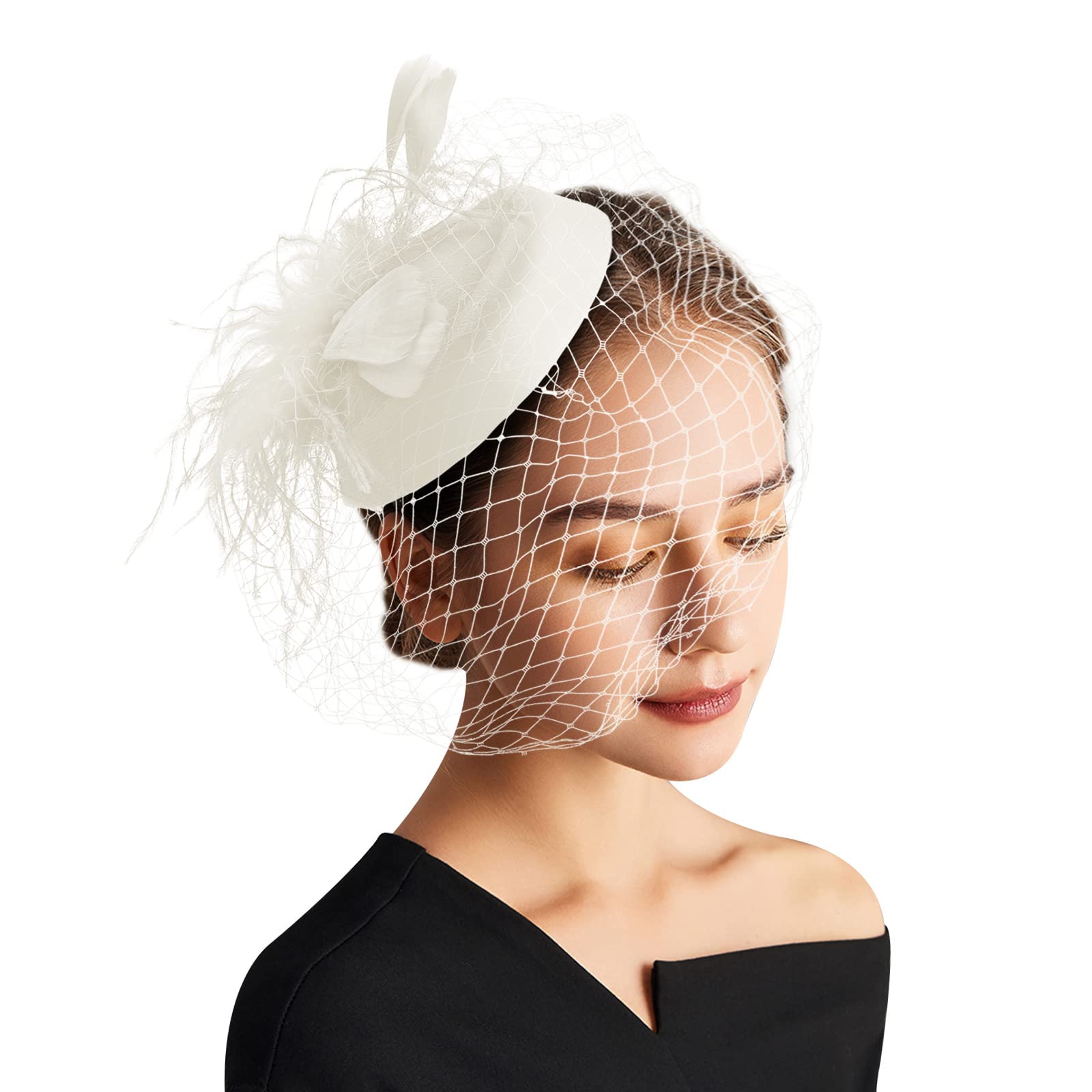 DRESHOW Fascinator Hats for Women Pillbox Hat with Veil Headband and a Forked Clip Tea Party Headwear