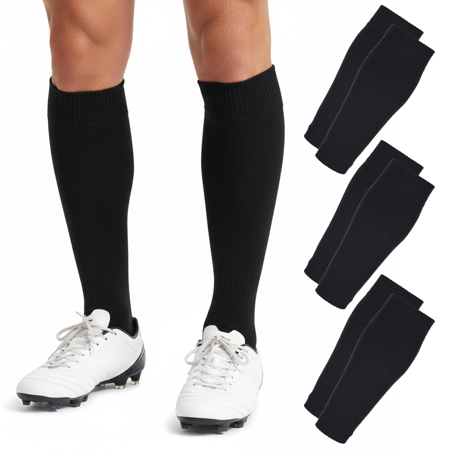 Thinp 3 Pairs Football Sock Sleeves, High Elastic Pre Cut Football Socks Durable Footless Black Shin Guard Socks for Mens Womens Footballs Beginners - Fitting Over Shin Pads