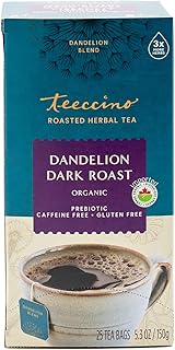 Teeccino Dandelion Tea – Dark Roast – Rich & Roasted Herbal Tea That’s Caffeine Free & Prebiotic with Detoxifying Dandelion Root, 25 Tea Bags
