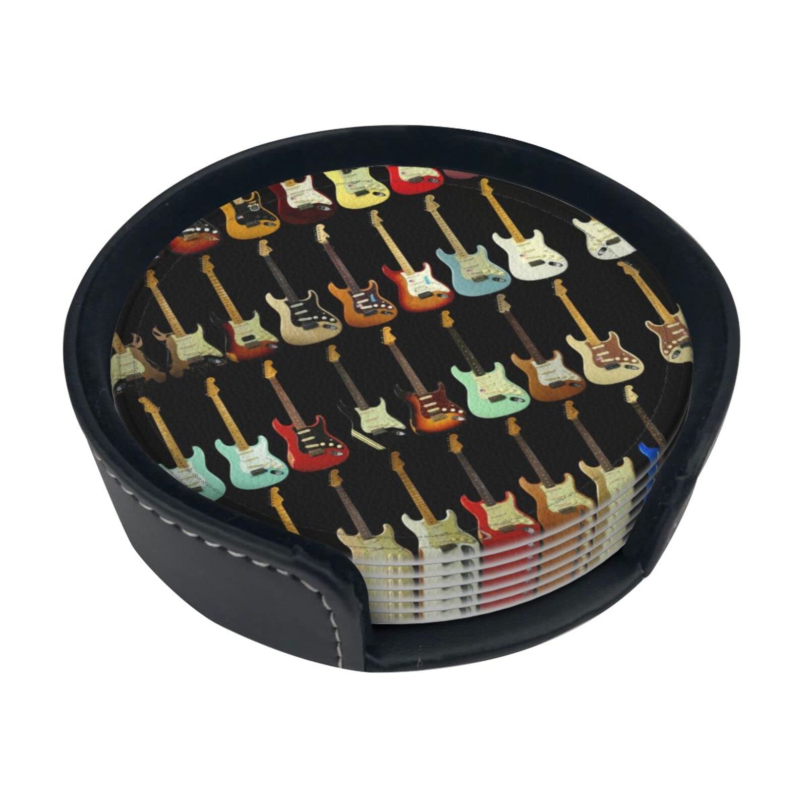 Art Guitar Pattern Coaster,6 Pcs Leather Coasters, for Drinks Absorbent with Storage Box